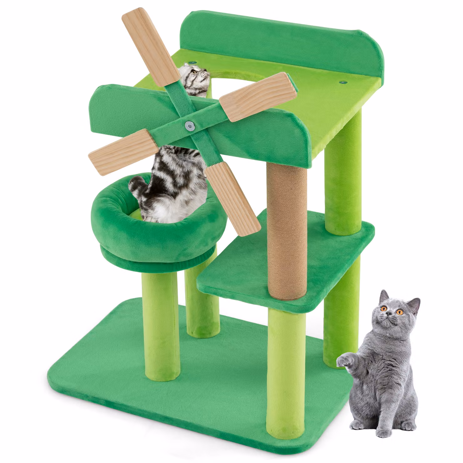 COSTWAY Piccolo tiragraffi, albero per gatti con superficie di appoggio, piattaforme, tiragraffi, torre per gatti a forma di mulino a vento per gatti piccoli 50x34x60cm Verde