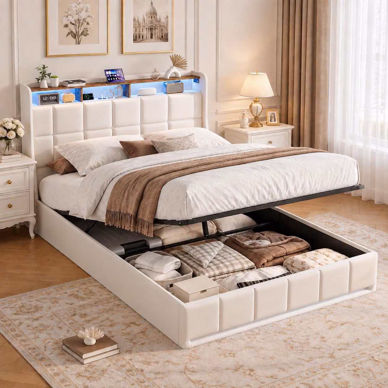 Letto imbottito con rete a molle INONEFT, dimensioni 140 x 200 cm, con sistema di sollevamento idraulico e spazio contenitore, letto matrimoniale con USB e luci LED, adatto anche per ragazzi, rivestito in lino, colore beige