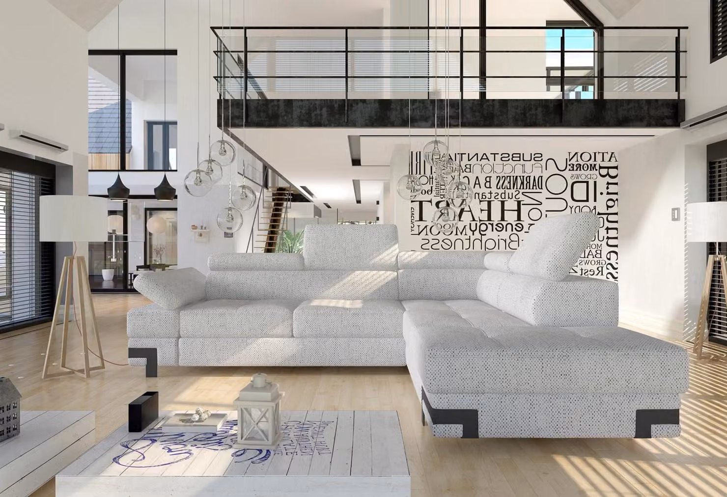 Divano angolare grigio, divano a forma di L, divano imbottito, divano design, rivestito in tessuto, divani moderni
