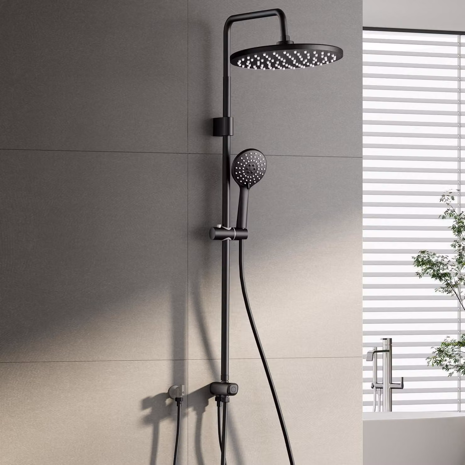 Sistema doccia a soffitto senza miscelatore, regolabile in altezza da 114 a 148 cm, acciaio inossidabile, forma circolare, colore nero