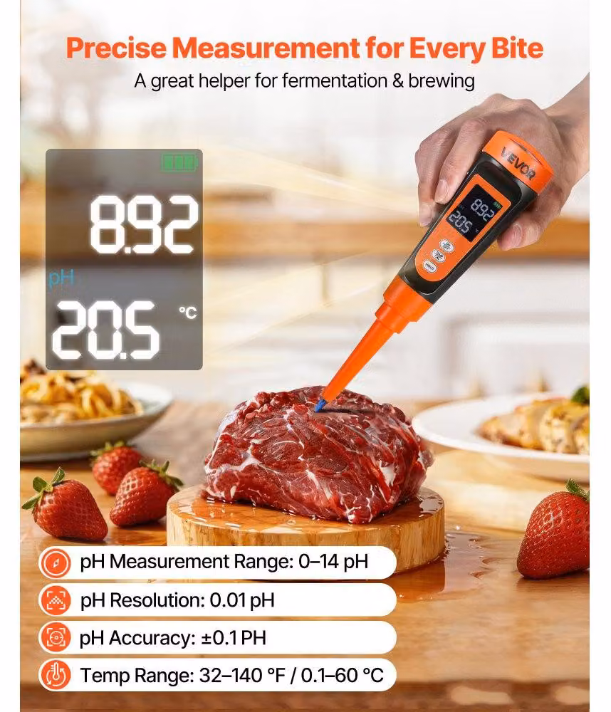 Misuratore di pH per alimenti - Campo di misurazione: 0-14 pH - Risoluzione: 0,01 pH - Compensazione automatica della temperatura