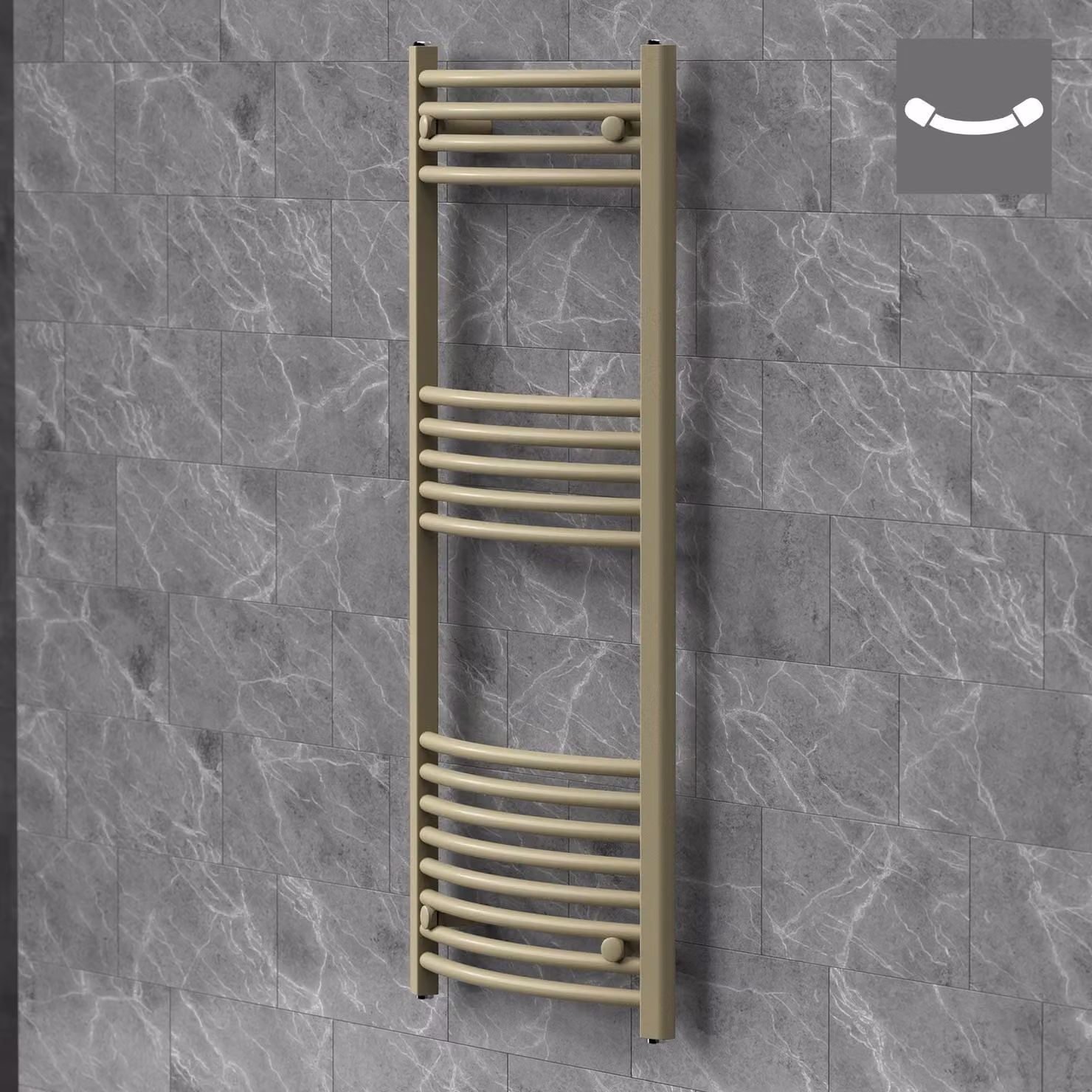 Asciugamani radiante LuxeBath Sahara, 500x1200 mm, beige. Radiatore per bagno con attacco laterale, asciugamani radiante curvo, porta asciugamani, radiatore da parete per bagno