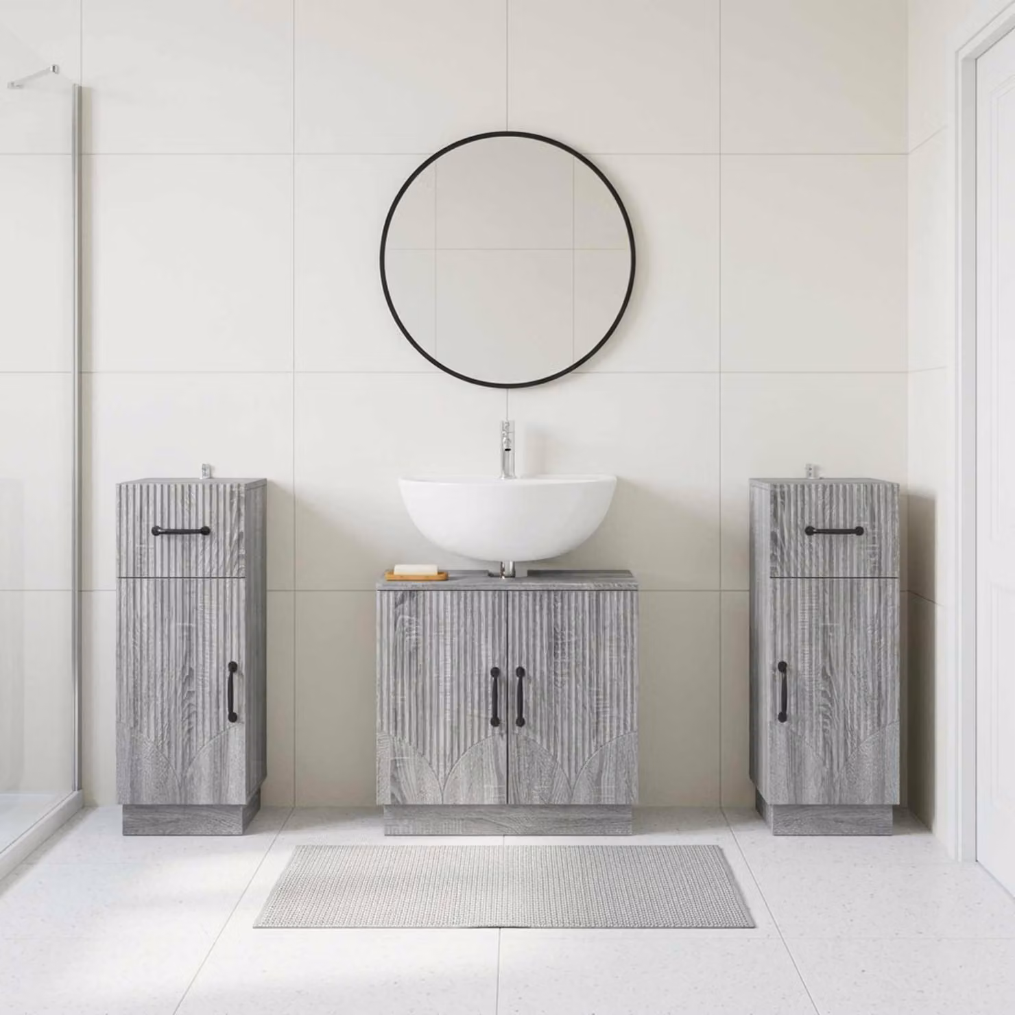 Set di mobili da bagno vidaXL HOORN in 3 pezzi, colore grigio, design minimalista con ante a cerniera