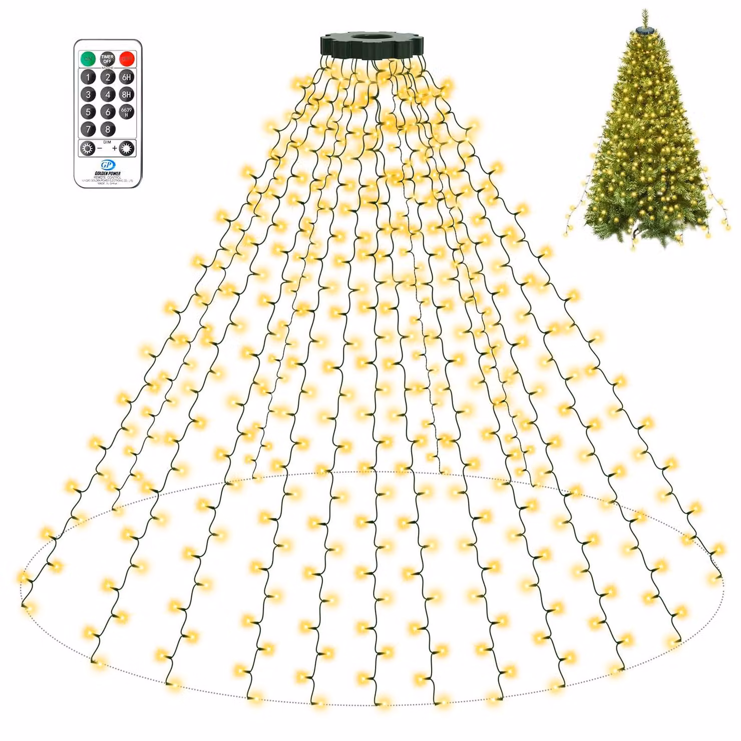 Catena luminosa con anello, 2 metri, 400 LED, luce bianco caldo, 8 modalità, timer, impermeabile