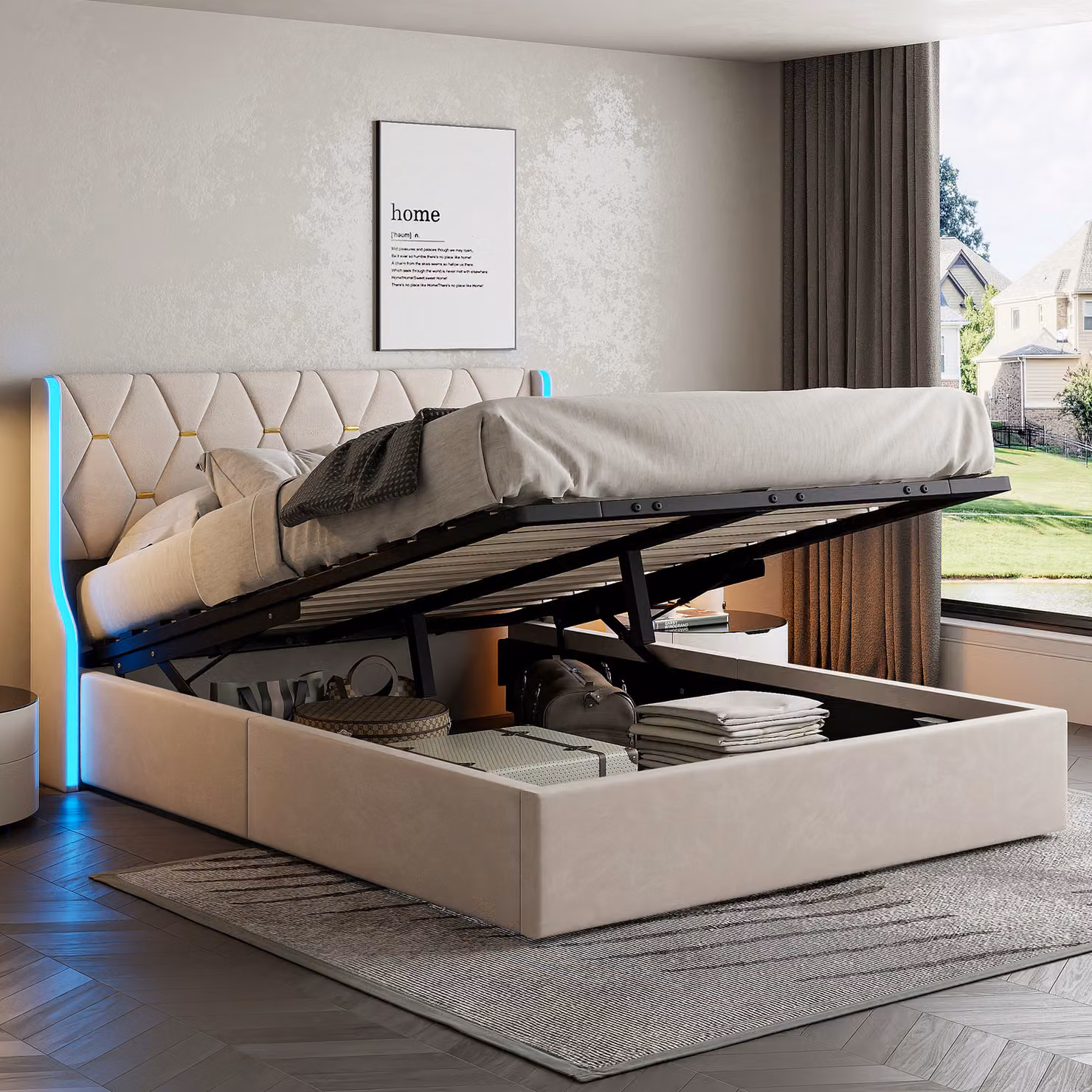 UnboxG Letto imbottito 140x200, letto matrimoniale LED con vano contenitore e rete a doghe, testata con vano contenitore, spalliera idraulica del letto, velluto, beige