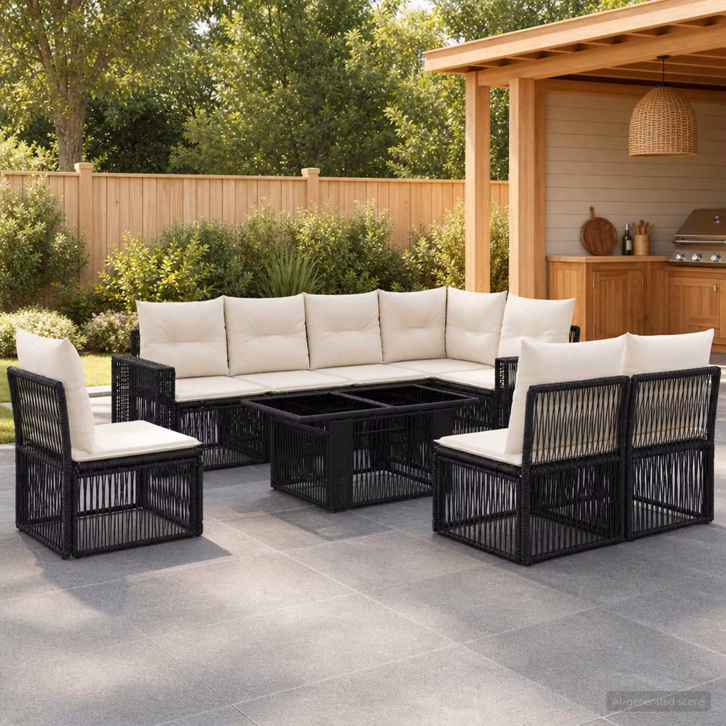 Set Divano da Giardino vidaXL 9 Pezzi in Polyrattan Nero e Bianco Crema con Tavolino e Cuscini Imbottiti