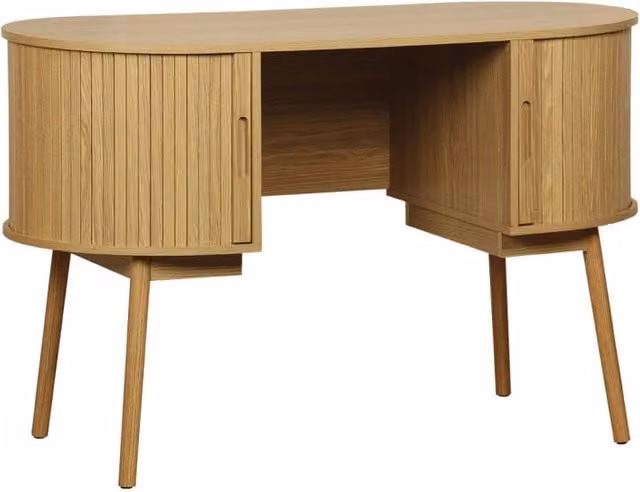 Scrivania ovale Sweeek in stile scandinavo con effetto legno scanalato e due vani portaoggetti, colore beige, L: 120 cm