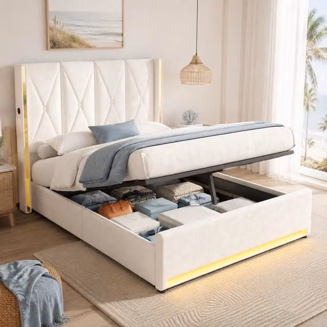 Letto in velluto con testiera alta imbottita trapuntata, tasche laterali, USB e LED, sistema idraulico e grande contenitore sottostante 160x200 cm