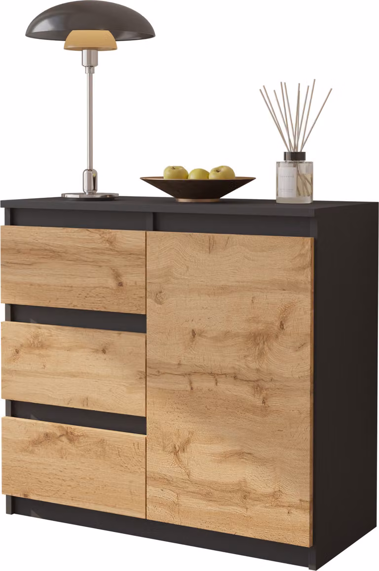 FURNICA - MIKEL - Cassettiera / credenza con 3 cassetti e 1 anta - Grigio antracite / Rovere Wotan H75cm L80cm P35cm