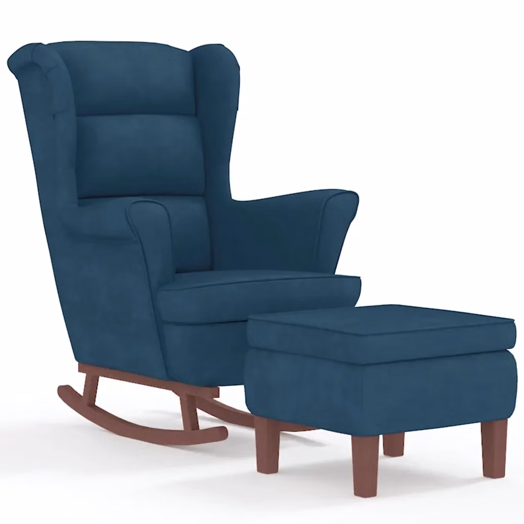 Sedia a dondolo con schienale alto in velluto blu e pouf vidaXL con struttura in legno massiccio – 2