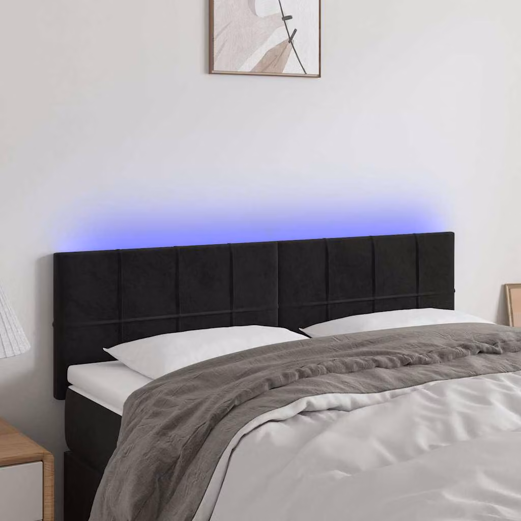 Testiera per letto vidaXL in velluto nero con illuminazione LED e porta di ricarica USB, L: 144 cm, P: 5 cm, H: 78-88 cm