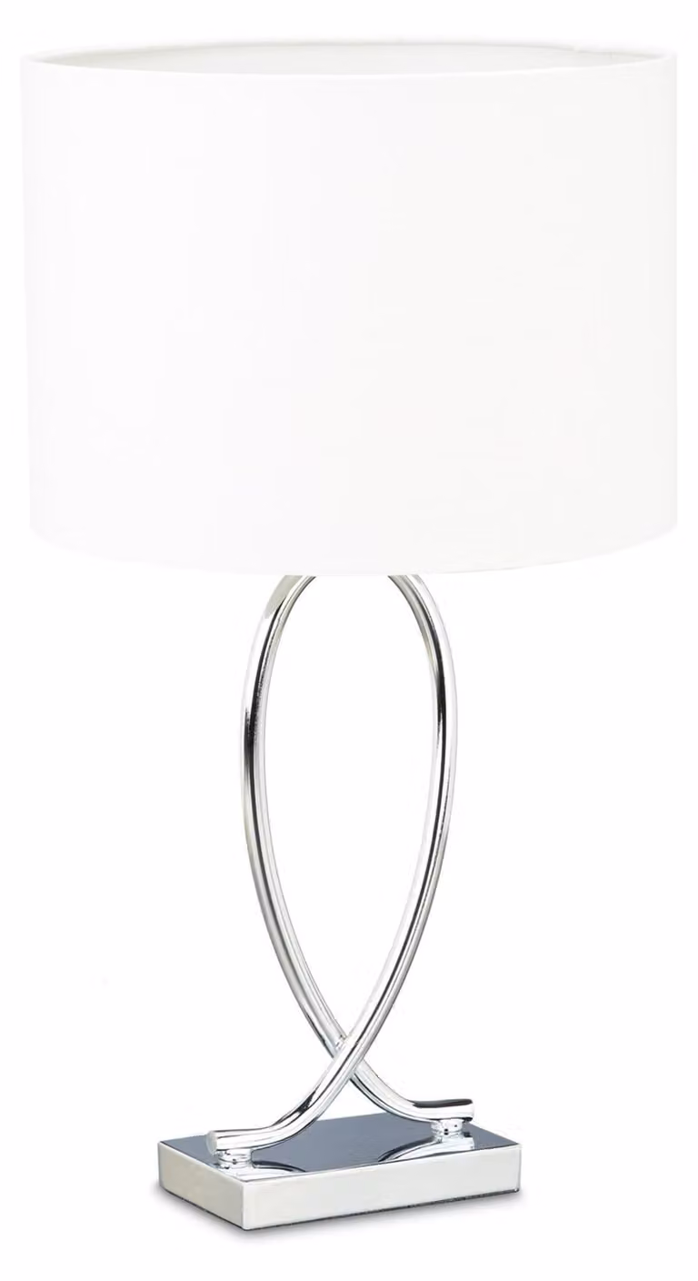 Lampada da tavolo Relaxdays, paralume in tessuto, struttura cromata, metallo, A x L x P: 51 x 28 x 28 cm, lampada da comodino, argento/bianco
