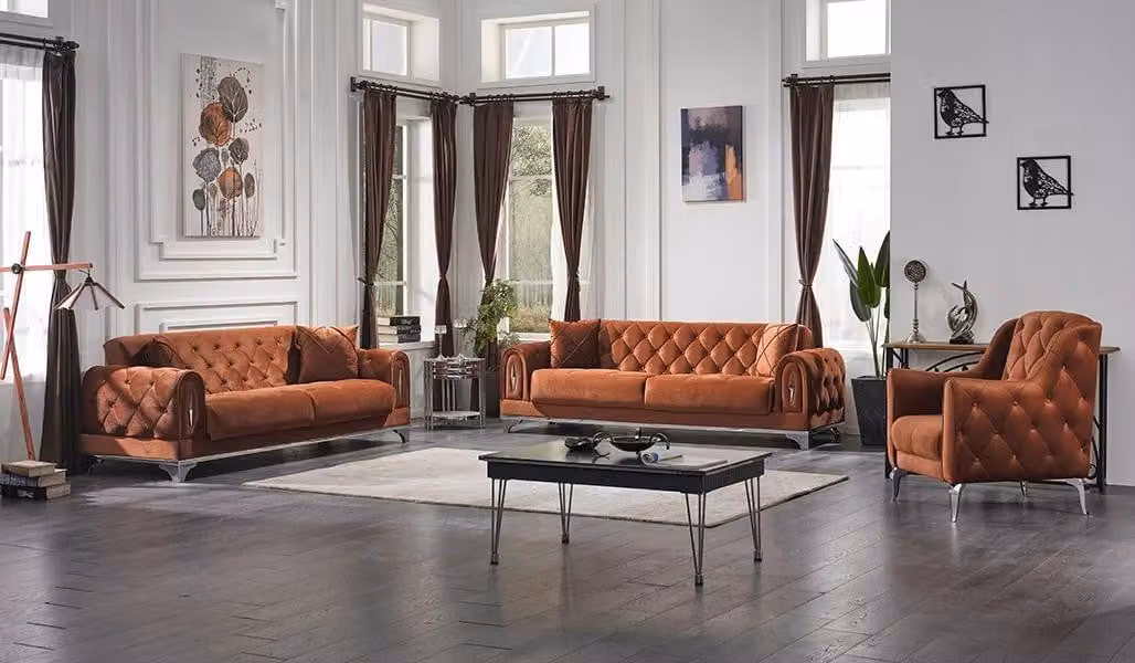 Wohnzimmer Sofa Set 3tlg Polster Möbel Chesterfield Braun 3+3+1 Sitzer