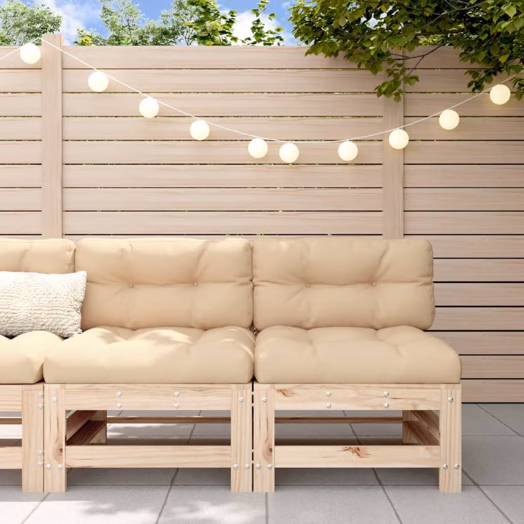 Set di 2 Divani Centrali con Cuscini vidaXL in Legno Massello di Pino, Colore Beige e Marrone – 1