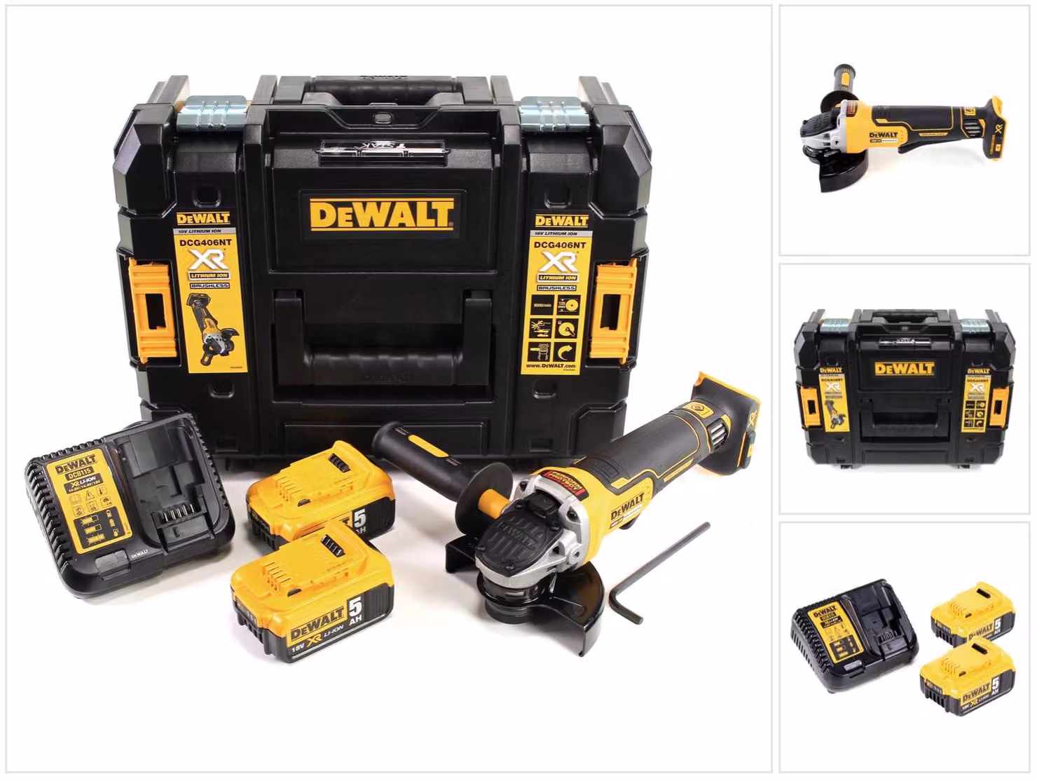 Smerigliatrice angolare a batteria DeWalt DCG 406 P2 18V 125mm senza spazzole + 2x batteria 5,0Ah + caricabatterie + TSTAK