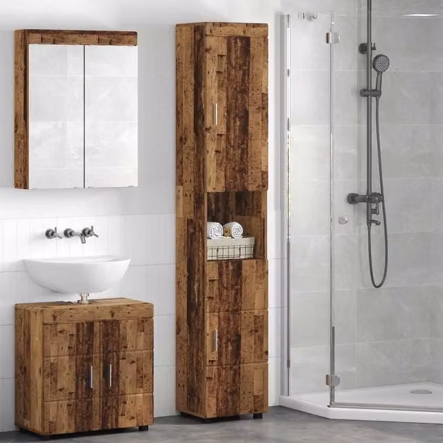 Set di armadi da bagno TULUM vidaXL in legno vecchio marrone L/P/H: 37 x 31,5 x 203 cm – 1