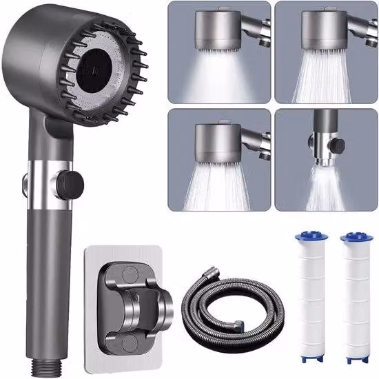 Soffione doccia con getto esteso, soffione doccia con filtro, soffione doccia a risparmio idrico, soffione doccia manuale con amplificatore di pressione e 4 tipi di getto, soffione doccia con funzione massaggio e pulsante di arresto, color argento metalli