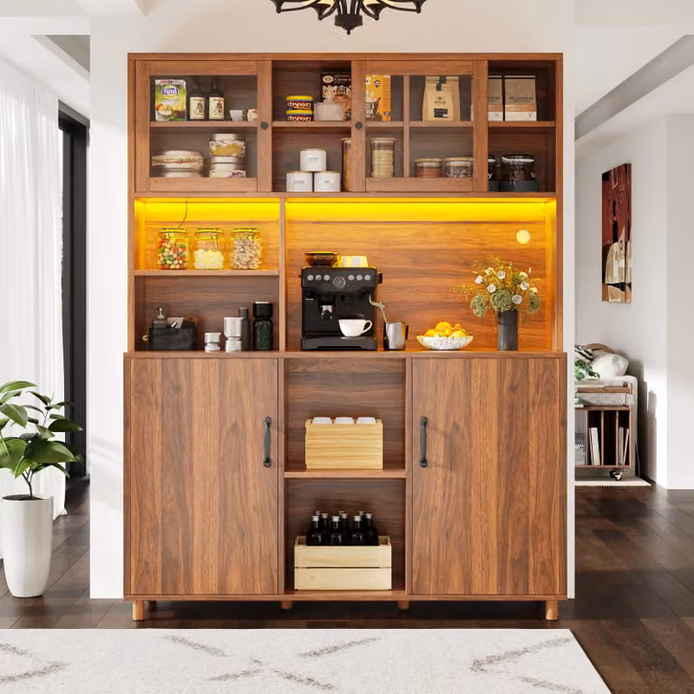 Armadio alto da cucina Flieks con ripiani regolabili in altezza, mobile da cucina a buffet con LED e USB, 140x40x185 cm, color noce
