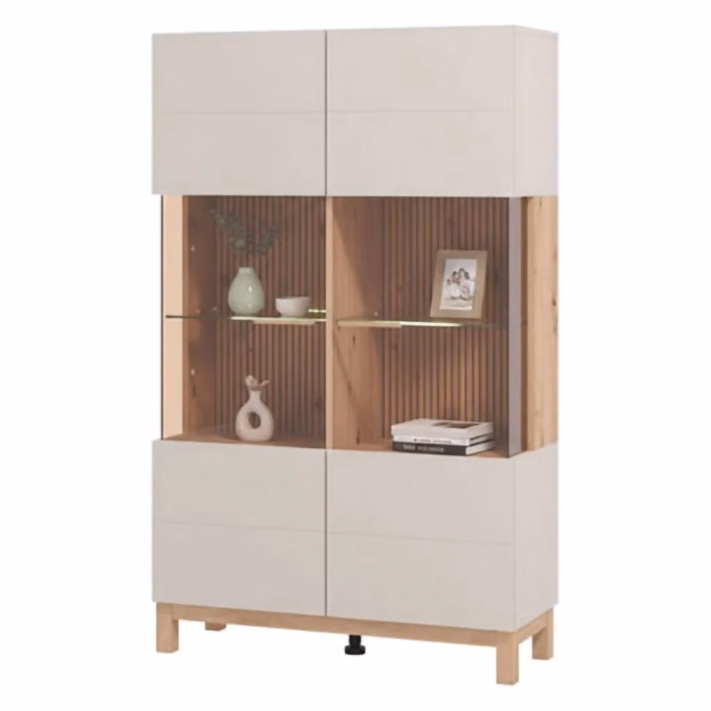 Vetrina Espositore DMORA con Ante in Vetro e 6 Ripiani, Colore Beige e Rovere, L: 90 cm, P: 35 cm, H: 146.5 cm – 2