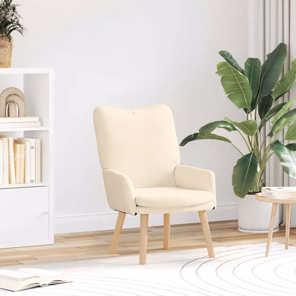 Poltrona moderna vidaXL in tessuto beige con braccioli e struttura in legno, L: 63 cm, P: 67 cm, H: 94 cm