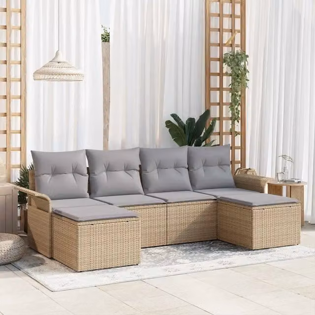Set Divano da Giardino 6 pz vidaXL Beige con Cuscini e Ottoman in Polyrattan e Metallo – 1