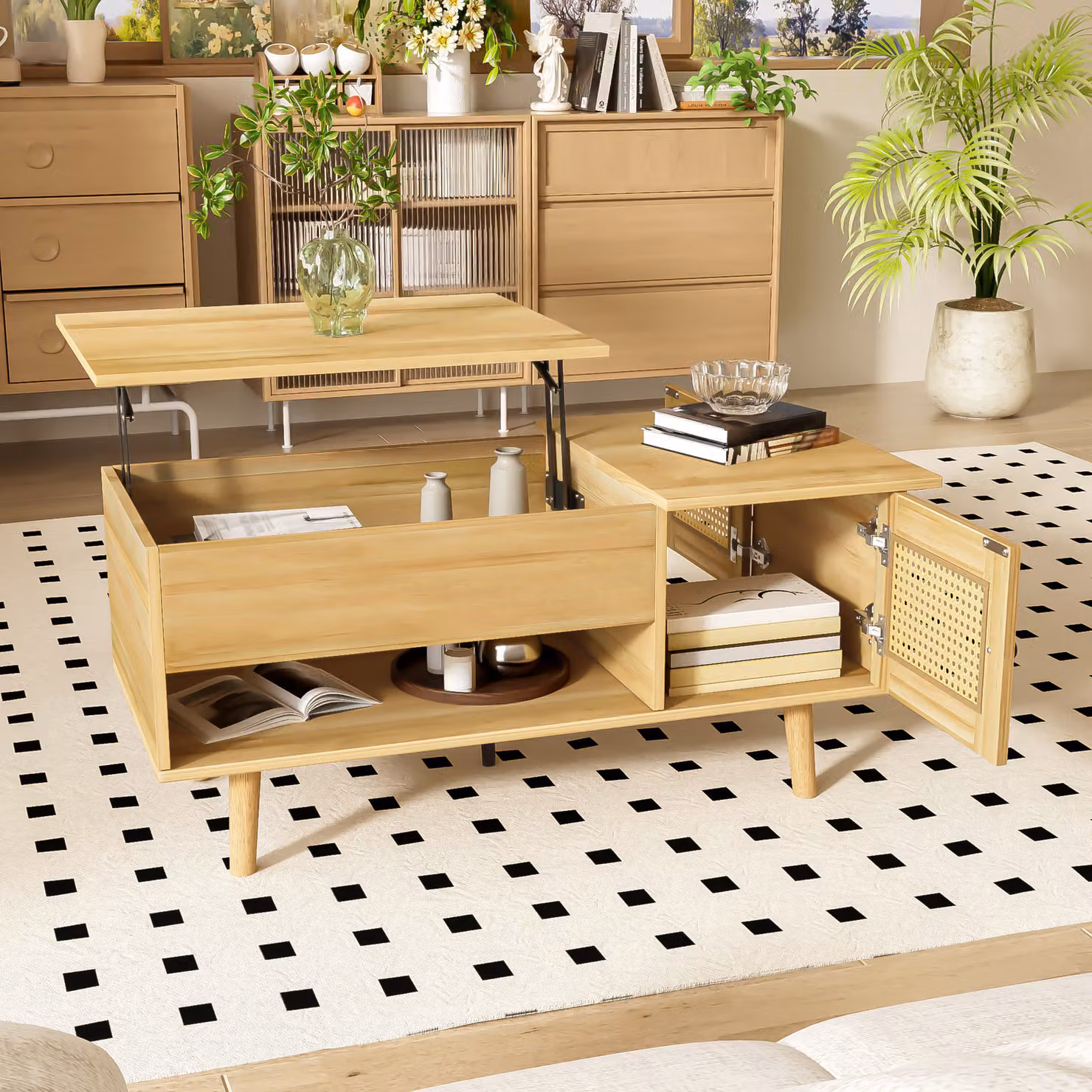 okwish Tavolo da conferenza, mobile, tavolino, vetrinetta, mobile contenitore, soluzione versatile, con funzione di cerniera e anta in rattan, con cassetti, colore legno