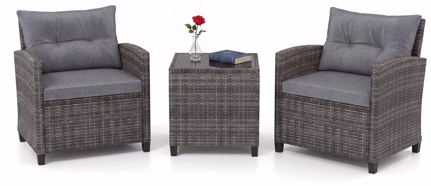 Set di mobili da giardino in rattan KOMFOTTEU, set di mobili da lounge per esterni con 2 poltrone, 1 tavolino, cuscini per seduta e schienale, mobili per balconi piccoli, mobili da lounge per giardino, mobili per terrazza per 2 persone