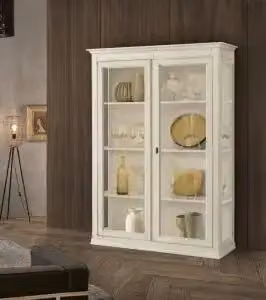 Vetrina KIVIO in legno stile shabby chic bianco anticato con 2 ante in vetro, H: 215 cm, L: 145 cm, P: 40 cm