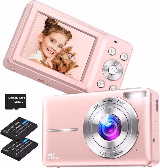 Fotocamera digitale da 44 megapixel, ideale per principianti, con zoom 16x, registrazione video HD, colore rosa e design compatto