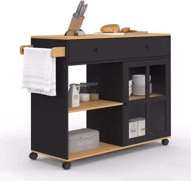 IDMarket Credenza da cucina ACHILLE XXL moderna con ripiano e armadio, finitura smaltata nera e legno, L: 100 cm, P: 40 cm, H: 85 cm