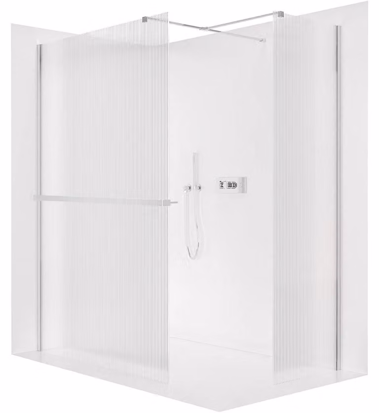 Pannello doccia angolare Walk-in Onyx T, destro/sinistro - 8 mm - profilo quadrato + ripiano/portasciugamani - cromo, vetro smerigliato - 160x80x200 cm