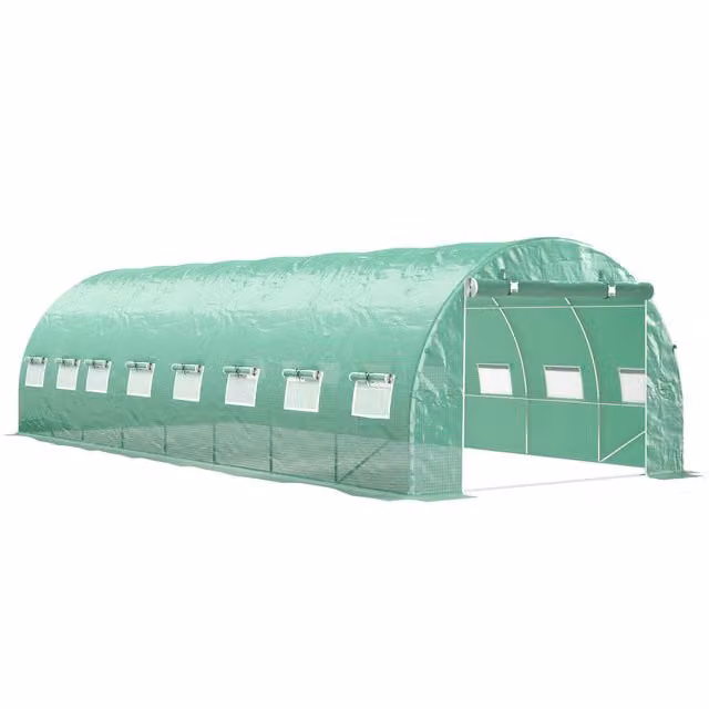 Serra da giardino a tunnel Outsunny verde con 16 finestre, porta con zip avvolgibile e struttura in acciaio zincato con telo PE, L/P/H: 8 x 3 x 2 m – 1