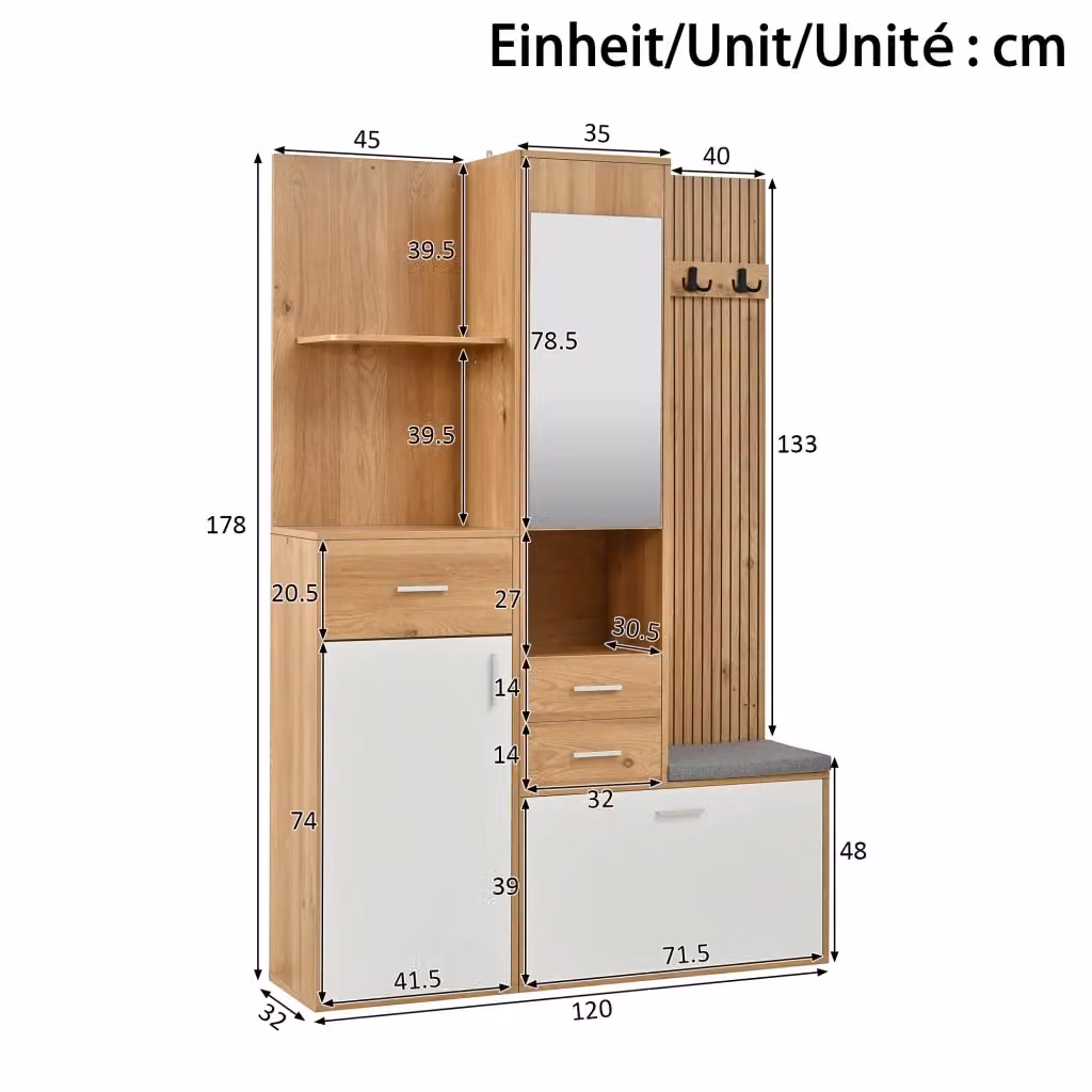 Garderoba multifunzione REDOM con specchio e illuminazione LED, colore bianco, L: 120 cm, P: 32 cm, H: 178 cm – 2