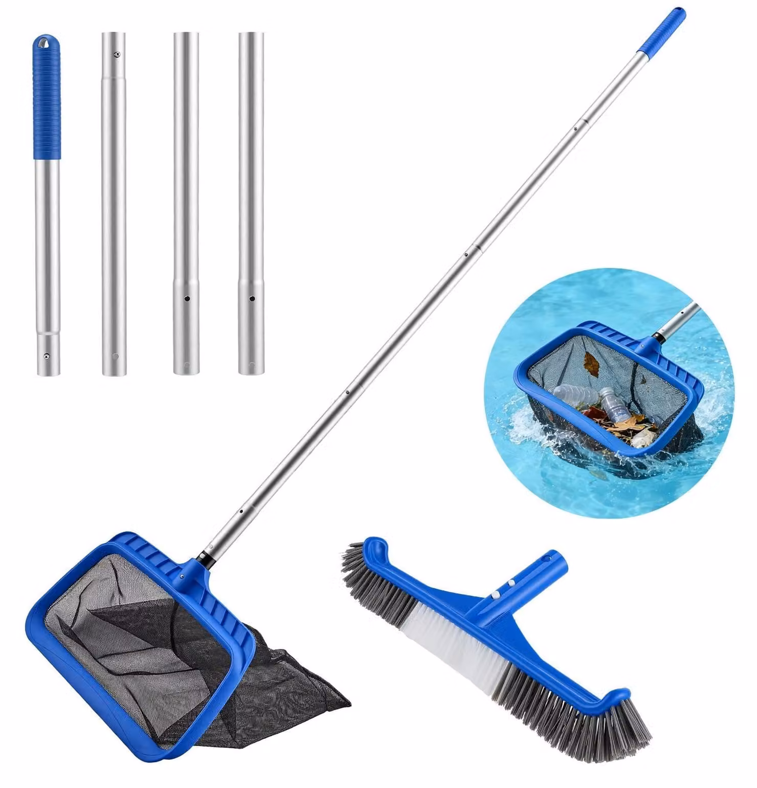Elzusha - Kit per la pulizia della piscina con asta telescopica in alluminio
