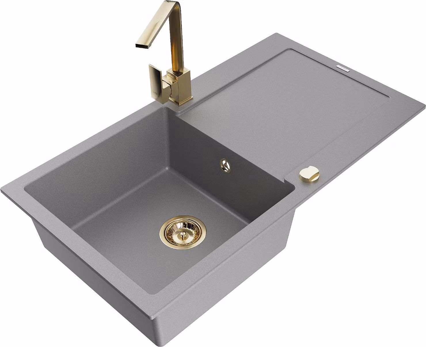 Mexen Leo lavello in granito a 1 vasca con sgocciolatoio e rubinetto da cucina Rita, grigio - 6501-71-670300-50