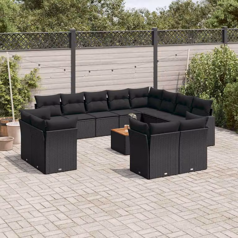 Set di divani da giardino vidaXL in polyrattan nero con cuscini e tavolino da esterno a forma di U
