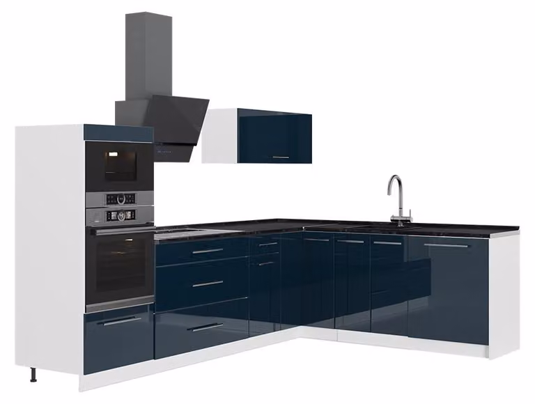 Cucina angolare completa Vicco Fame-Line Blu scuro lucido/Bianco 287 x 207 cm, PL Antracite, Model 63538