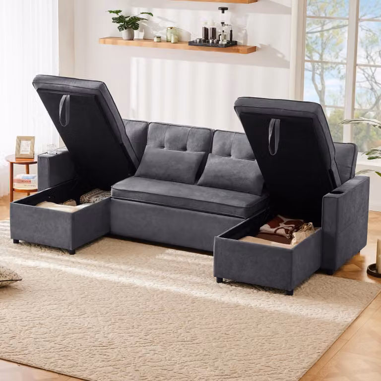 okwish Divano letto con portabicchieri e vani portaoggetti, divano relax con rivestimento in cotone e lino, divano relax per famiglie, soggiorno, nero