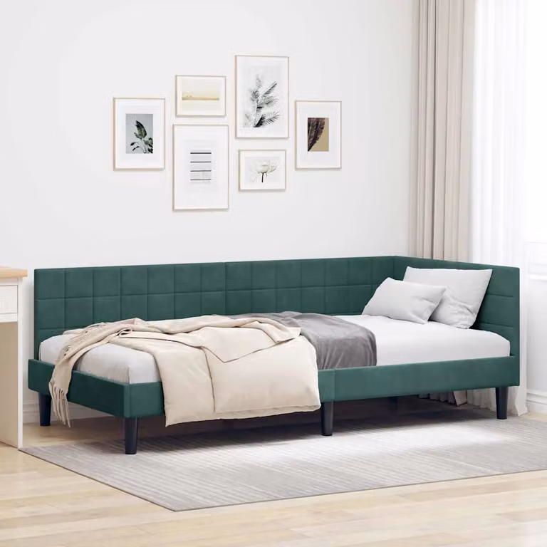 Cornice del letto ad angolo vidaXL in velluto verde con doghe in legno, L/P/H: 200 x 90 x 72 cm