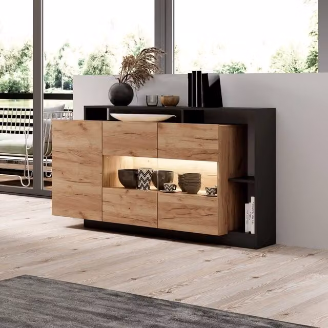 Madia Hafa DMORA con 7 ripiani e illuminazione integrata, finitura rovere marrone, L 155 cm x P 44 cm x H 94 cm
