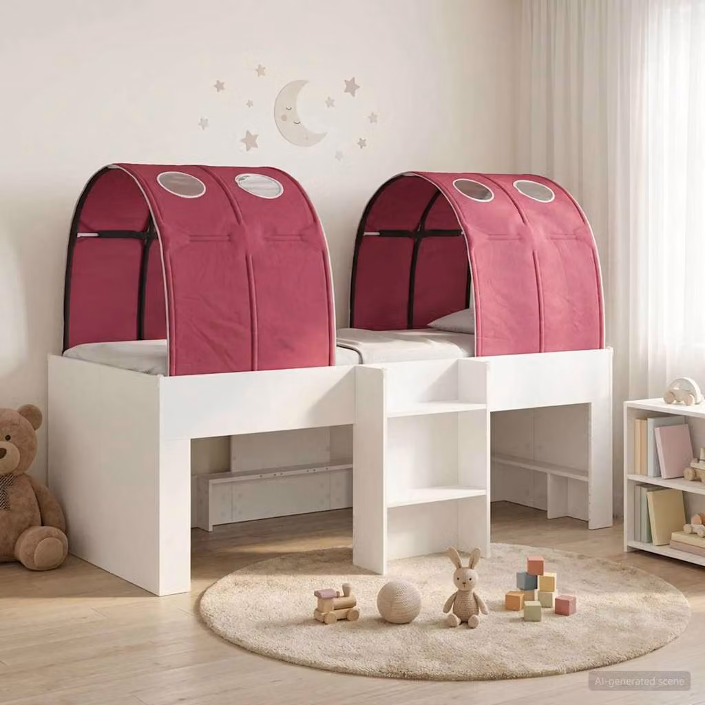 vidaXL Letto per bambini con tunnel in legno ingegnerizzato e tessuto, Bianco e Rosso, L: 203 cm x L: 120 cm x H: 68,5 cm