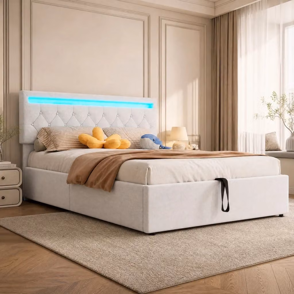 Letto contenitore Mivray con base a sollevamento, testiera imbottita con illuminazione LED e porte USB/USB-C, colore bianco, L/P: 140 x 200 cm – 2