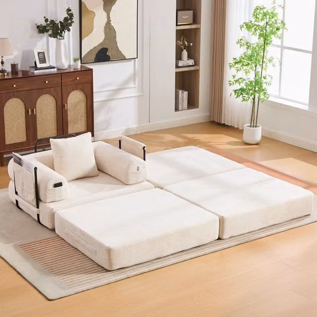Divano modulare in corduroy beige con pouf, cuscino e tasca laterale