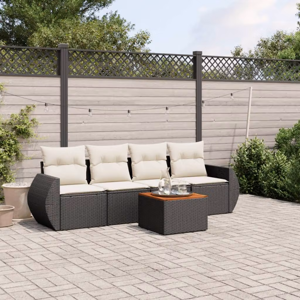 vidaXL Set Divani da Giardino 5 pz in Polyrattan Nero con Cuscini e Tavolino – 1