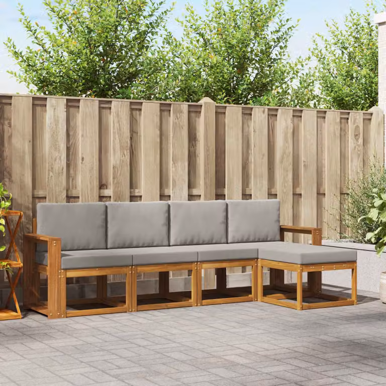 vidaXL Set di divani da esterno a L in legno di acacia con cuscini, Grigio e Marrone