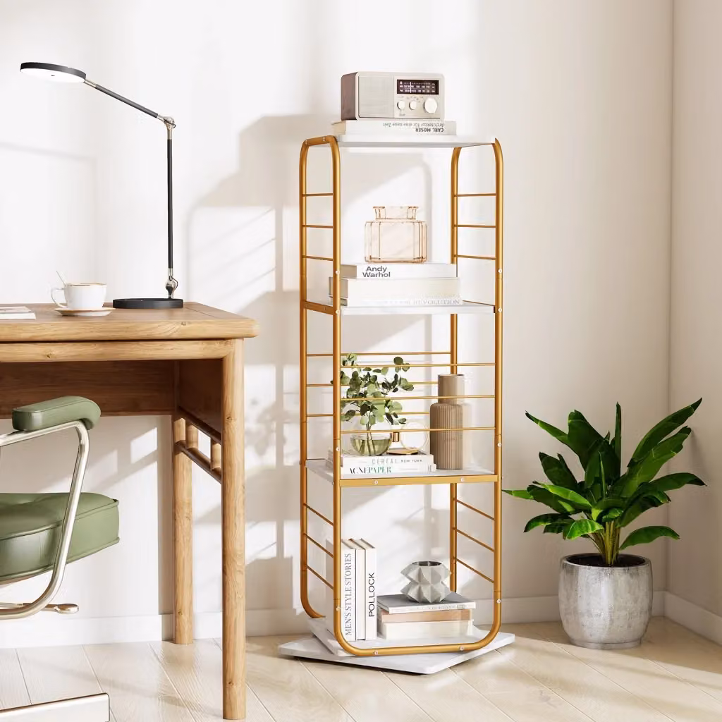 Libreria girevole a 4 ripiani con rotazione a 360 gradi in metallo e legno, espositore compatto salvaspazio stile industrial colore Oro – 2