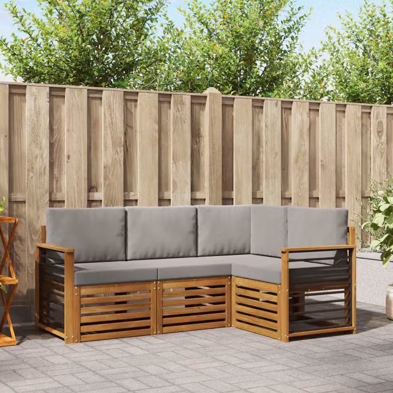 Set di divani da esterno vidaXL a forma di L in legno di acacia con cuscini, beige e grigio chiaro
