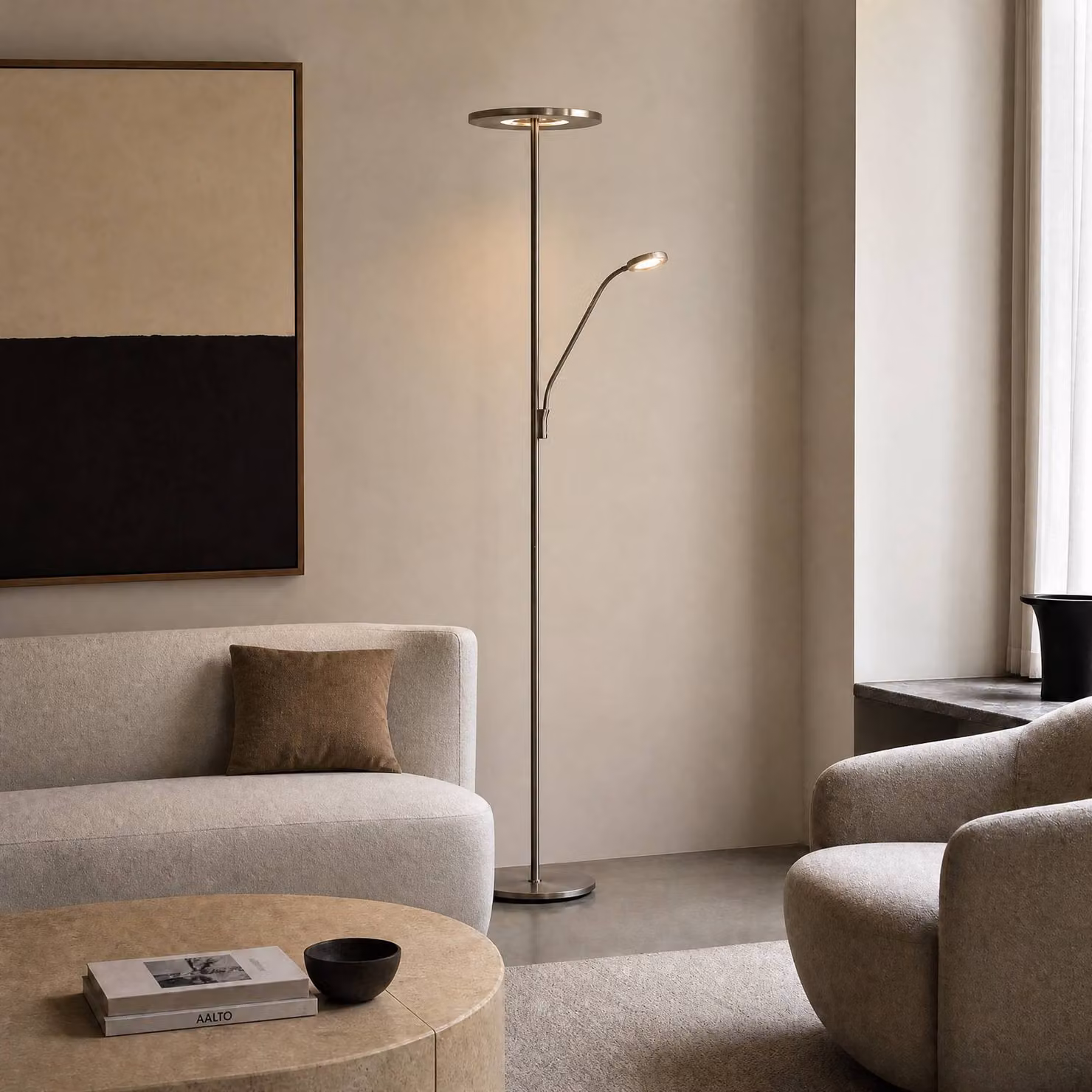 Lampada da terra con luce lettura Raymond Lucande, dimmerabile, Alluminio / Grigio / Zincato, Soggiorno / Sala da pranzo, Metallo, Moderno, Lampada LED da terra
