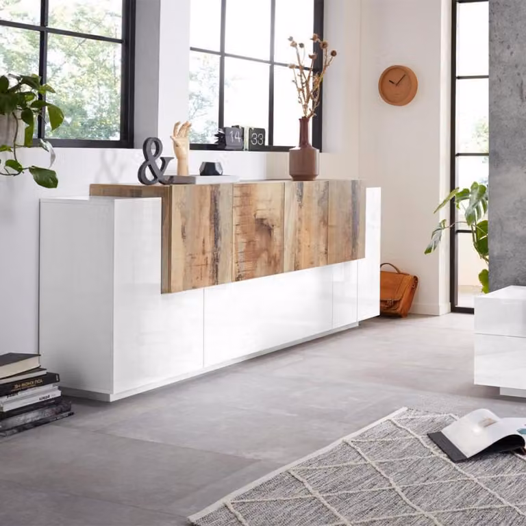 Credenza di design da 200 cm, bianca lucida, in legno, New Coro