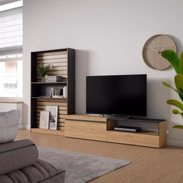 Mobile TV, Soggiorno, 310x35x186cm, Per TV fino a 80", Set di mobili, colore Rovere e nero RF2855